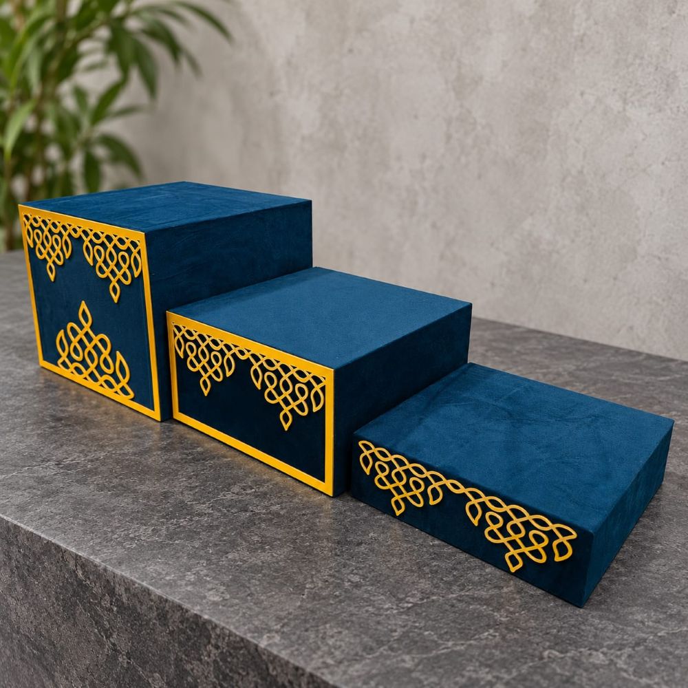 3-in-1 peacock blue velvet platter box 3-in-1 Decorative Platter Box Set _Velvet_peacock blue_ Stackable & Space-Saving - Image 1