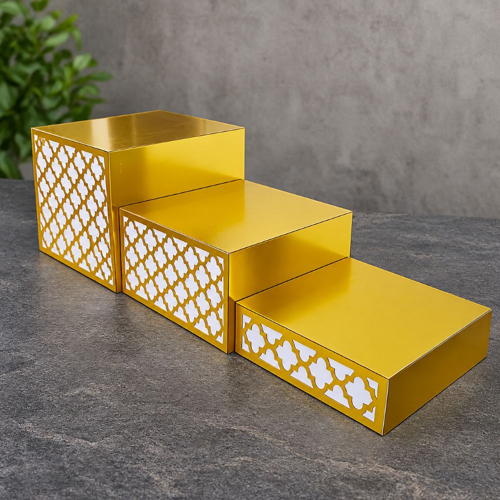 Golden Step Display on Stone Surface 3-in-1 Decorative Platter Box Set _Gold_ Stackable & Space-Saving - Image 1